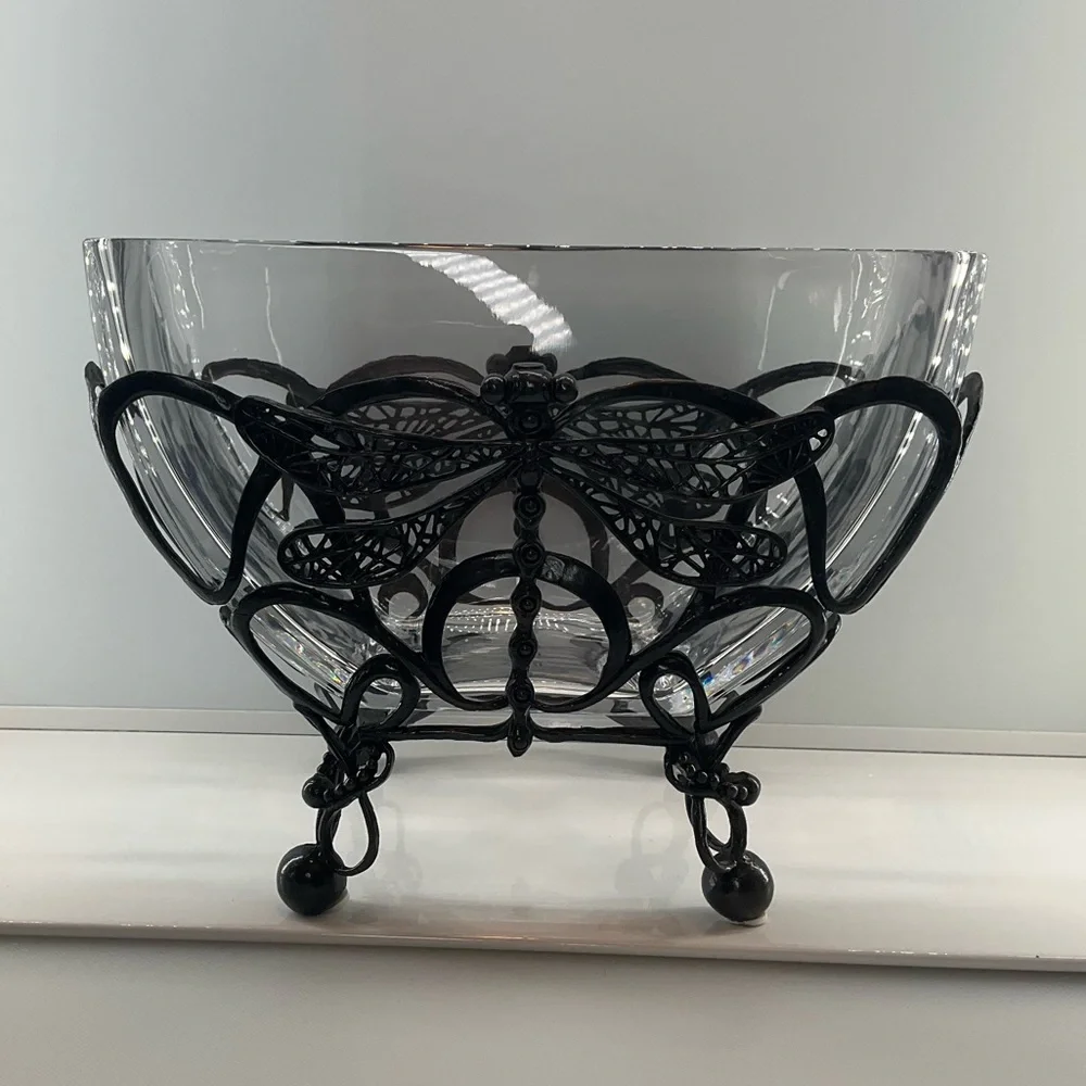 CASTILIAN Poland Crystal Bowl & Dragonfly Hefty Centerpiece 2 Pieces RARE!